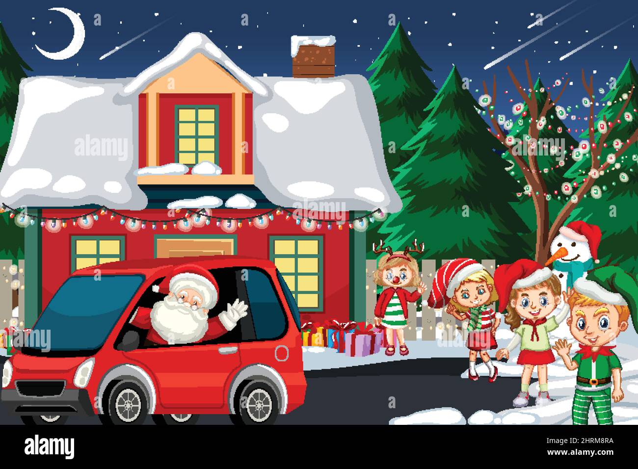 Christmas winter scene with happy children illustration Stock Vector