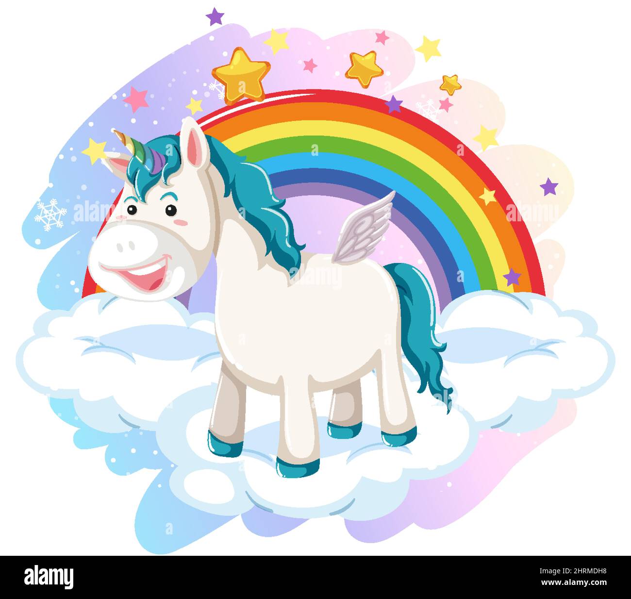 A unicorn standing on a cloud with rainbow illustration Stock Vector ...