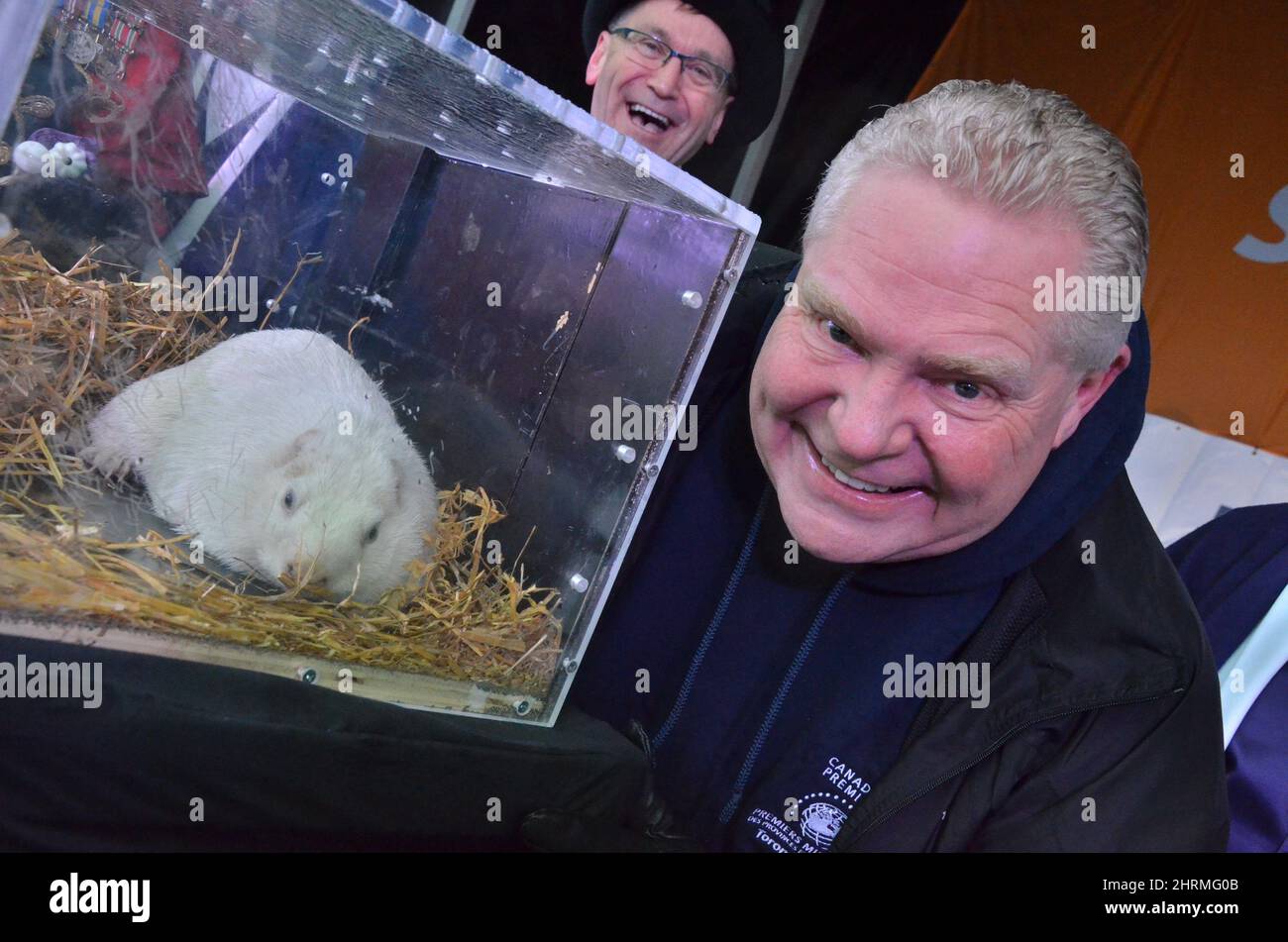 Ontario Premier Doug Ford checks out Wiarton Willie Sunday, Feb. 2