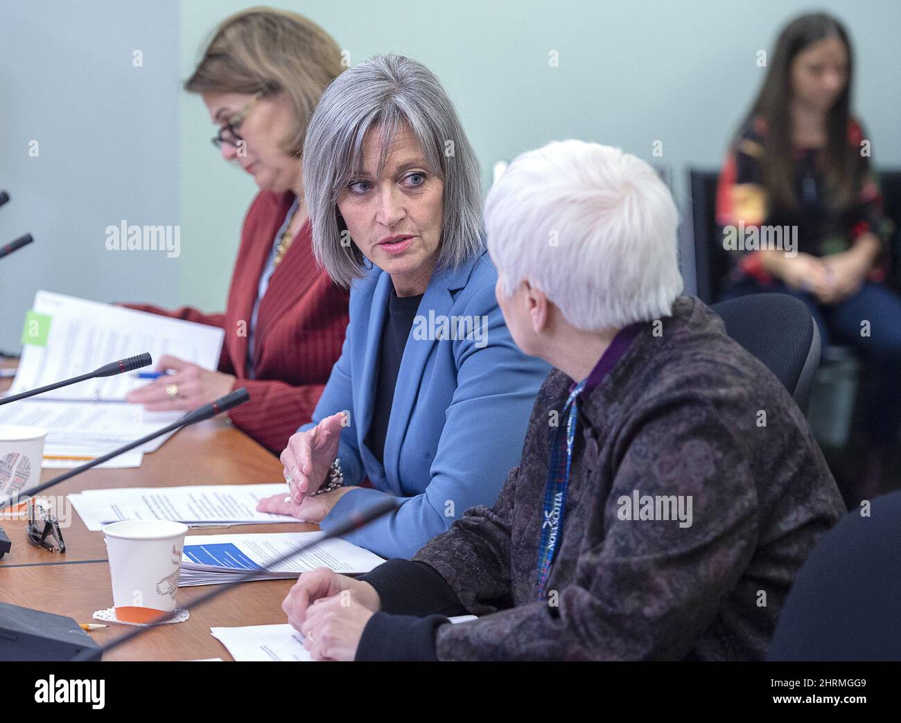 Kelliann Dean, deputy minister of Intergovernmental Affairs and Trade, chats with Julie Towers, deputy minister, Department of Lands and Forestry as they attend a meeting of the standing committee on natural resources and economic development in Halifax on Wednesday, February 5, 2020. Dean heads up the transition team set up to help affected workers and businesses in the forestry sector as the Northern Pulp mill has halted production. THE CANADIAN PRESS/Andrew Vaughan Stock Photo
