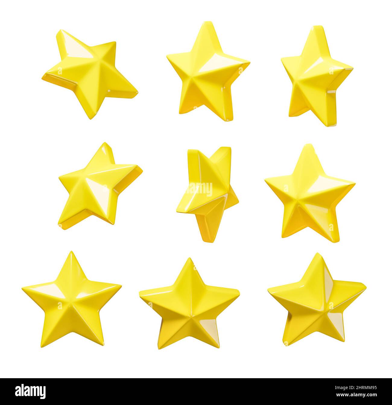 Set of yellow stars isolated on a white background. 3d render. Stock Photo