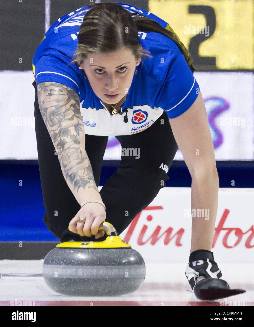 Team Alberta third, Kate Cameron makes a shot during draw 9 against team  Canada at the Scotties Tournament of Hearts in Moose Jaw, Sask., Tuesday,  February 18, 2020. THE CANADIAN PRESS/Jonathan Hayward