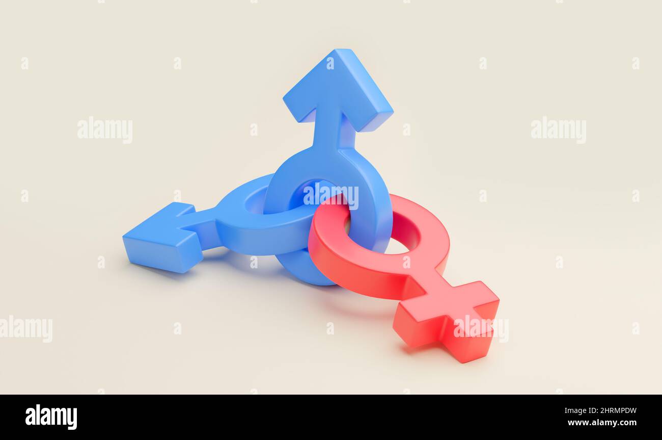 Polyamory. Lots of sexual partners. Gender symbol of a woman and two gay men. 3d render. Stock Photo