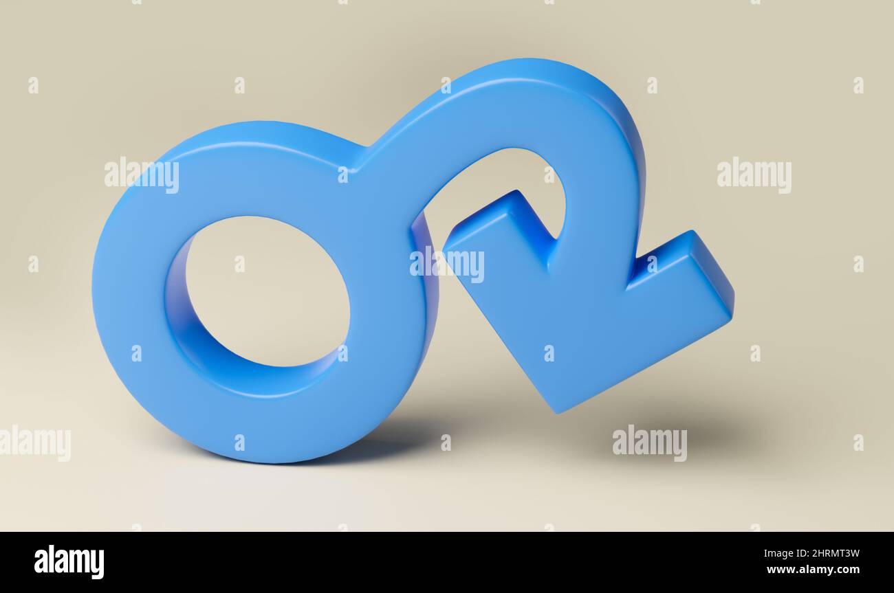 Impotence, sex problem for men. Male gender symbol with dangling arrow. 3d render. Stock Photo