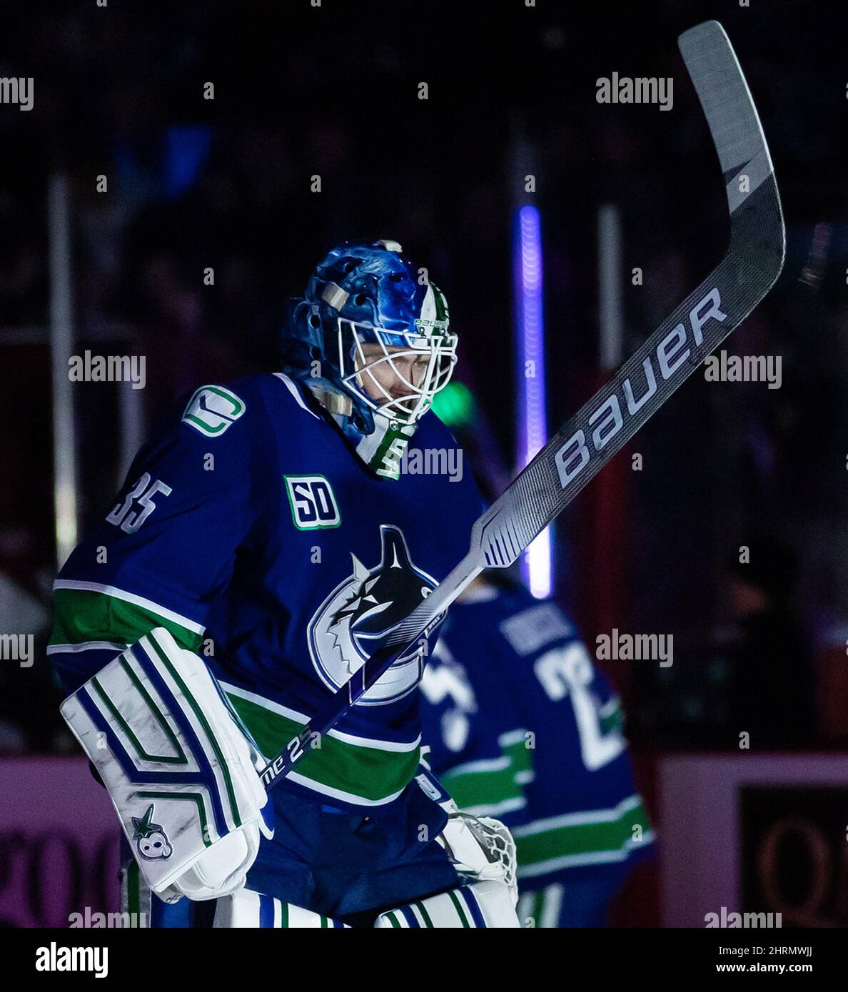 Vancouver Canucks goalie Thatcher Demko wears a special edition jersey for  Diwali during the skate before an NHL hockey game against the Nashville  Predators in Vancouver, British Columbia, Friday, Nov. 5, 2021.