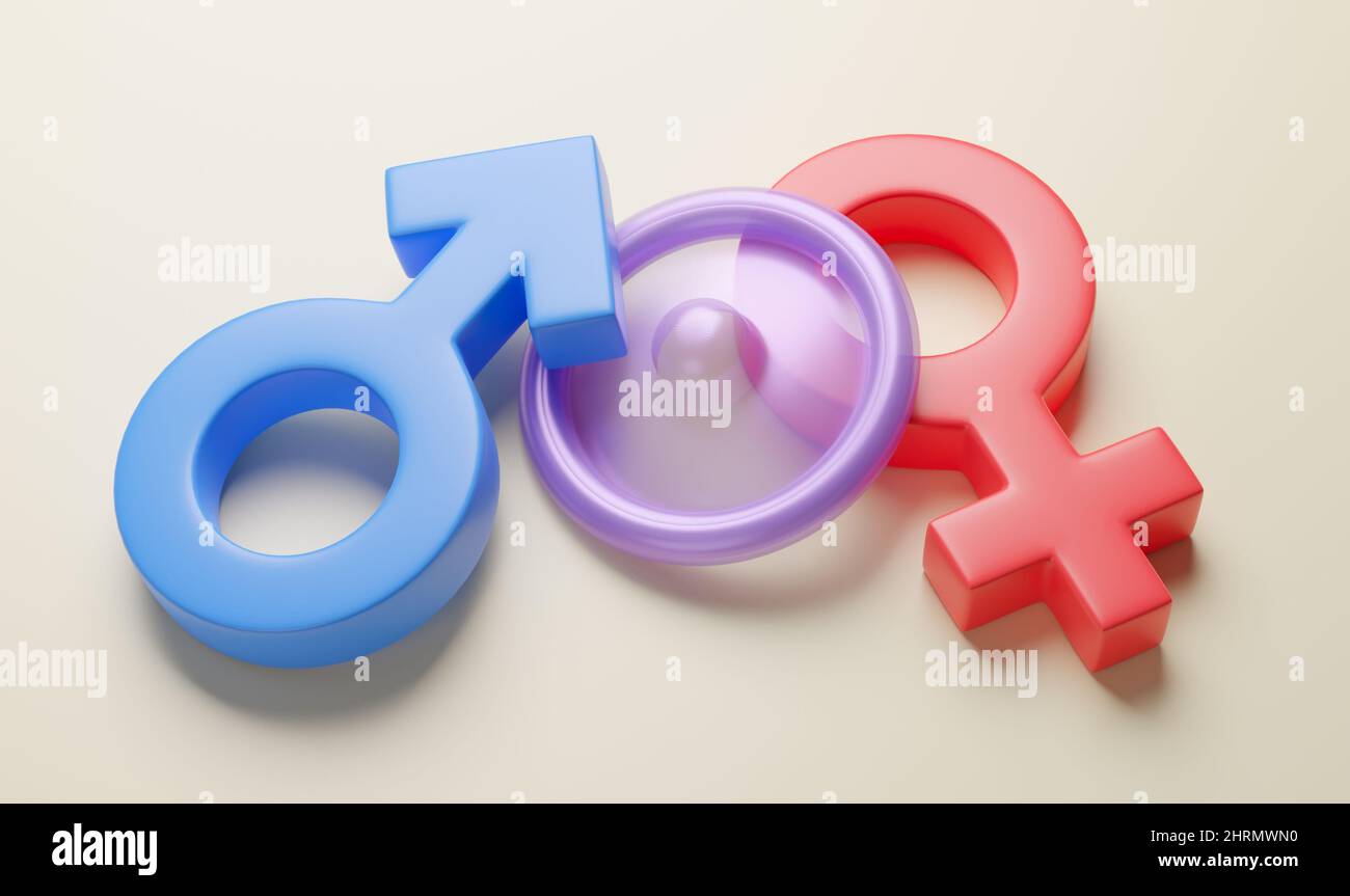 Sex condom for protection. Safe sex. Condom between gender symbols of man and woman. 3d render. Stock Photo