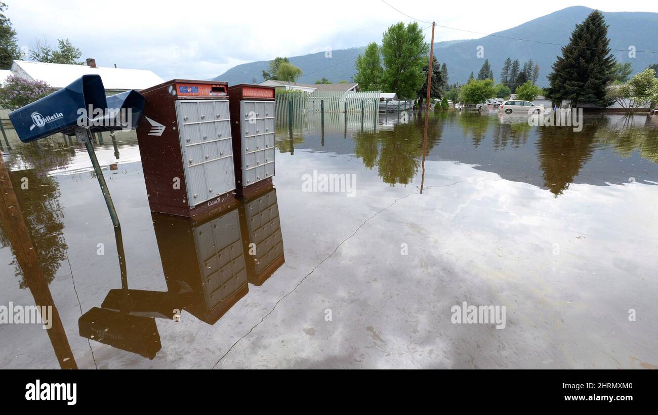 Canada Post mailboxes are submerged in the floodwaters in Grand Forks, B.C., on May 17, 2018