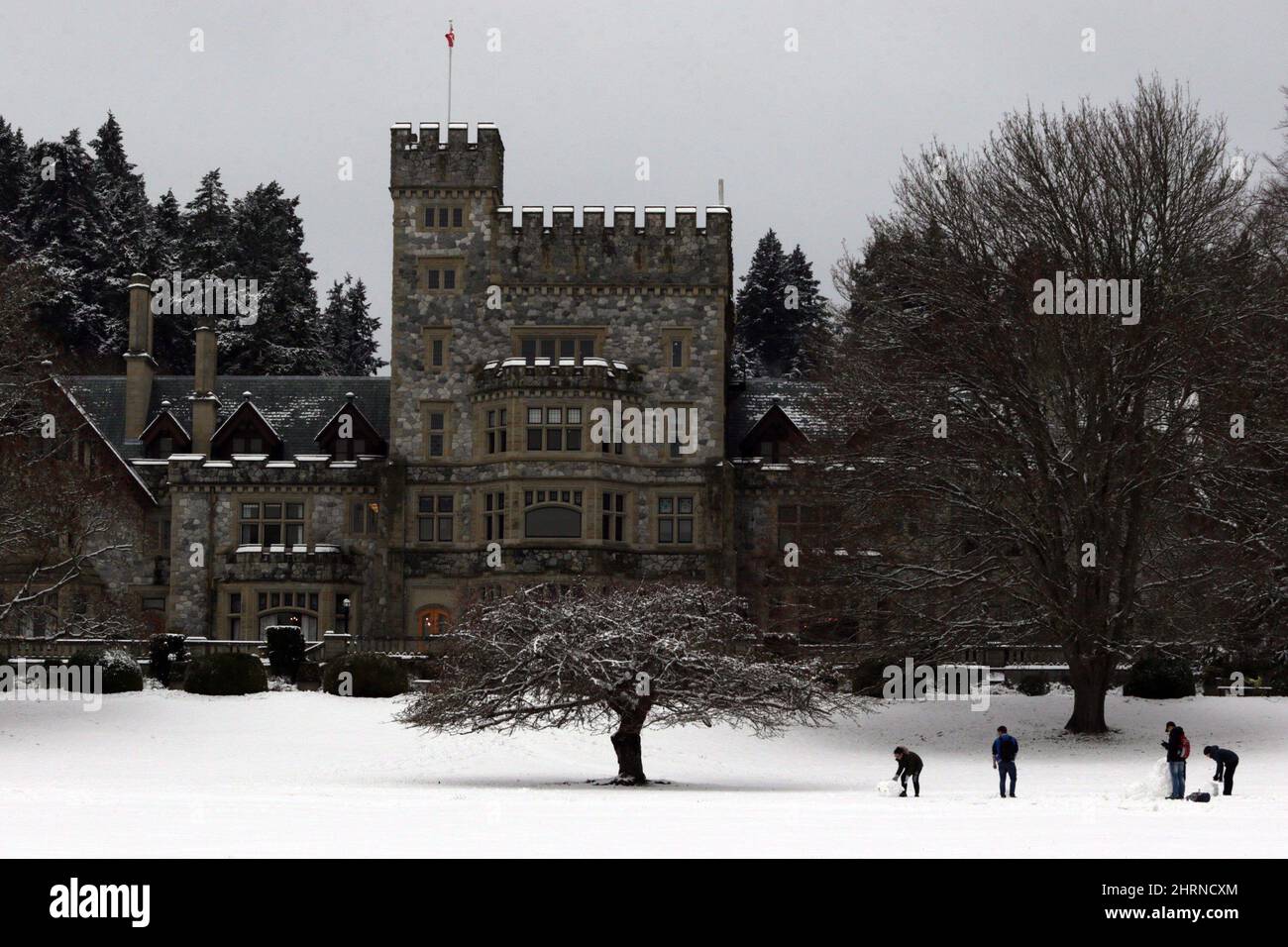 People make a snowman at Royal Roads University following snowfall in Victoria, B.C., Friday, December 9, 2016. The COVID-19 pandemic has placed the world at a tipping point that's challenging social, political, economic and environmental structures, says the director of a new academic research institute at British Columbia's Royal Roads University. THE CANADIAN PRESS/Chad Hipolito Stock Photo