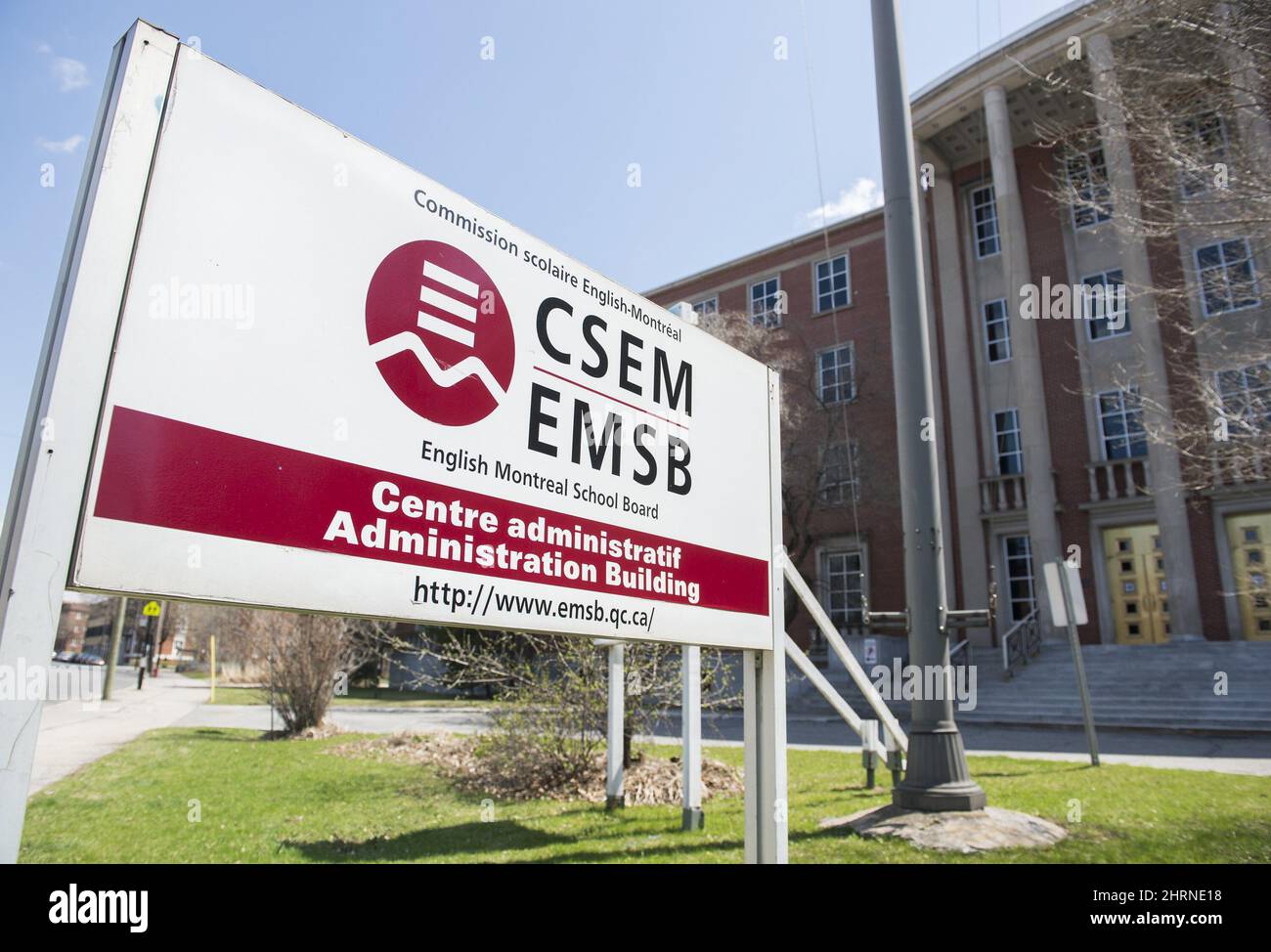 A sign for the English Montreal School Board (EMSB) is shown at its administration building in Montreal, Sunday, May 3, 2020, as the COVID-19 pandemic continues in Canada and around the world. The school board said it would determine the date when it would reopen its schools even if the Government of Quebec deems it safe. THE CANADIAN PRESS/Graham Hughes Stock Photo