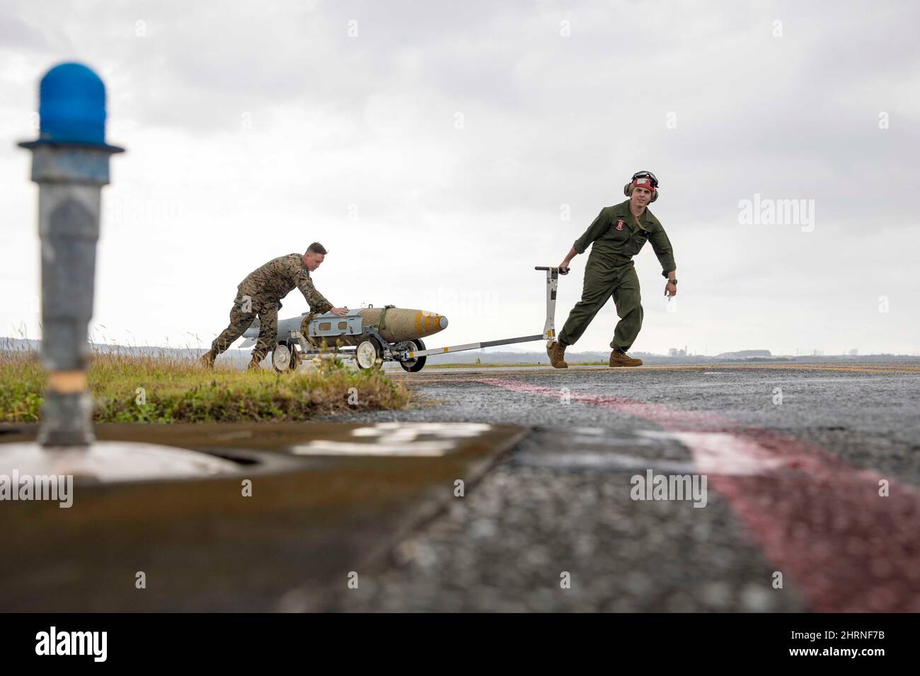 Kadena Air Base, Okinawa, Japan. 2nd Feb, 2022. U.S. Marines with Marine Fighter Attack Squadron (VMFA) 121 and Marine Aviation Logistics Squadron (MALS) 12 transport ordnance at Kadena Air Base, Okinawa, Japan, Feb. 2, 2022. Marines with VMFA-121 and MALS-12 conducted annual unit level training and practiced loading ordnance onto F-35B Lightning II aircraft, increasing capability while reducing time on the ground. Credit: U.S. Marines/ZUMA Press Wire Service/ZUMAPRESS.com/Alamy Live News Stock Photo