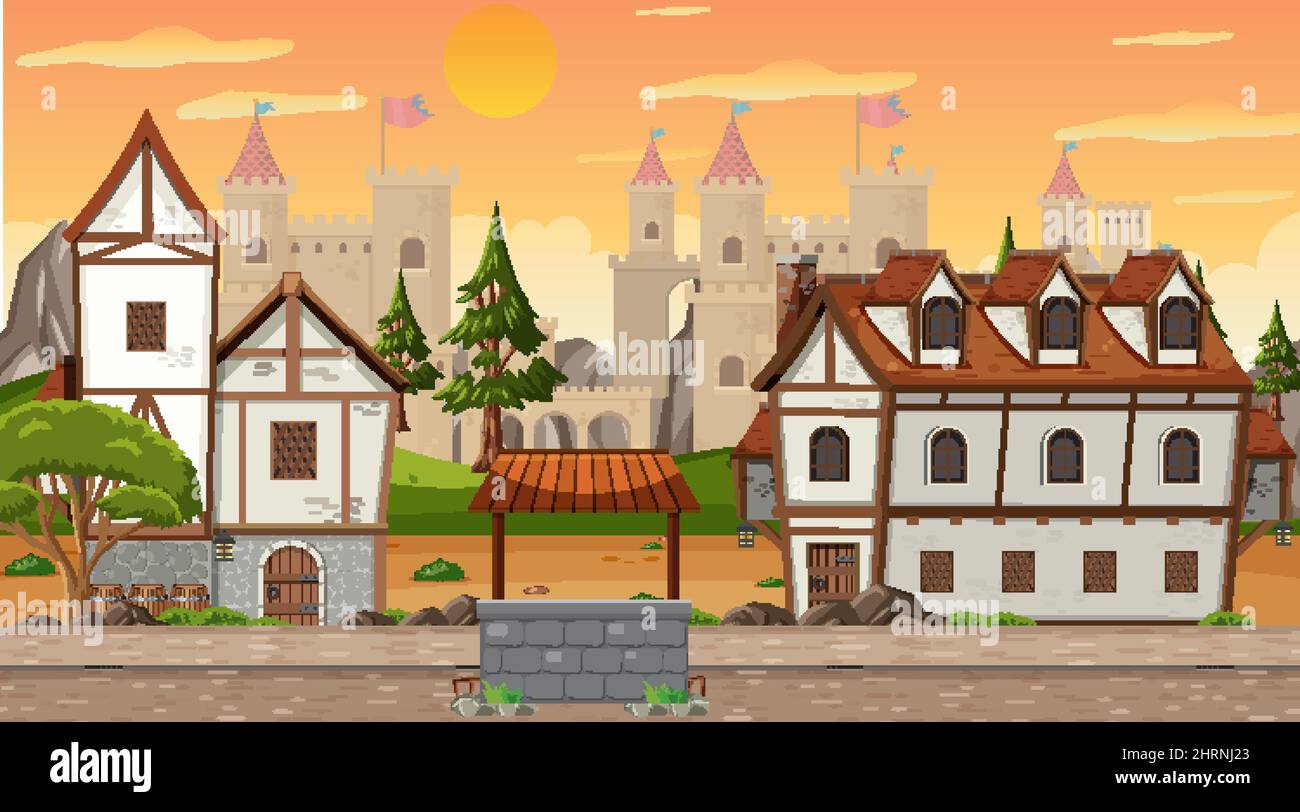 Medieval town scene with villagers illustration Stock Vector Image ...
