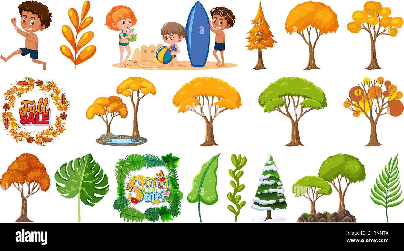 Set of four seasons trees and nature objects illustration Stock Vector ...