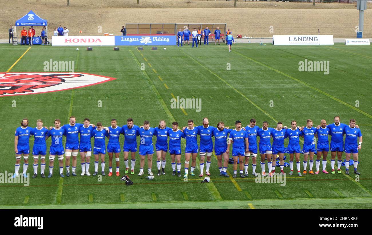 The Toronto Arrows line up ahead of their Major League Rugby game against the New Orleans Gold at York Alumni Stadium in Toronto on April 7, 2019. The Toronto Arrows have signed Argentine fly half/fullback Juan Cruz Gonzalez and brought four members of the 2020 squad back into the fold. The returnees are prop Richie Asiata, centre Spencer Jones, forward Kolby Francis, and hooker Steven Ng. The Arrows have now signed 11 players ahead of the 2021 Major League Rugby campaign. THE CANADIAN PRESS/Neil Davidson Stock Photo