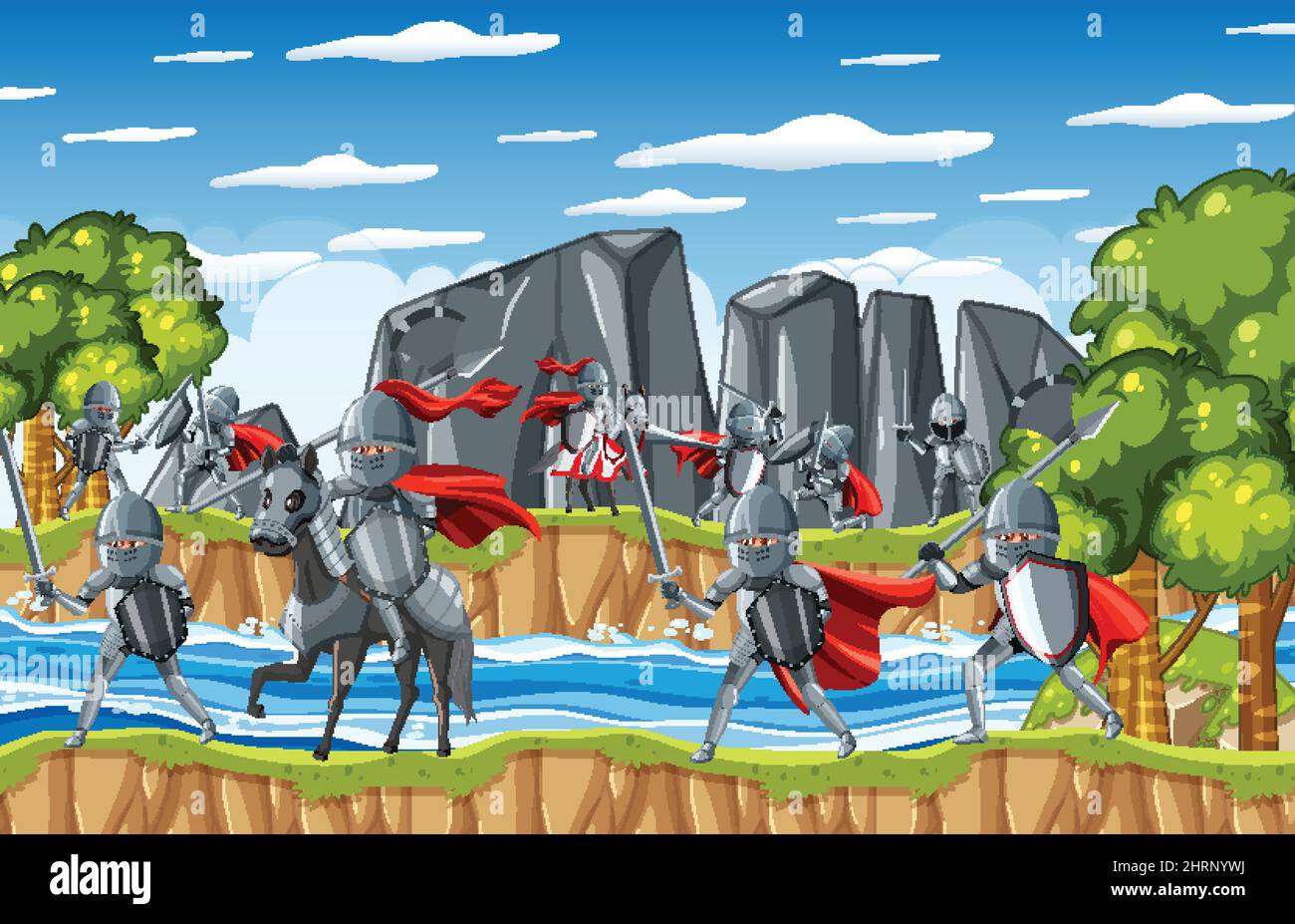 Medieval outdoor scene with knights fighting illustration Stock Vector ...