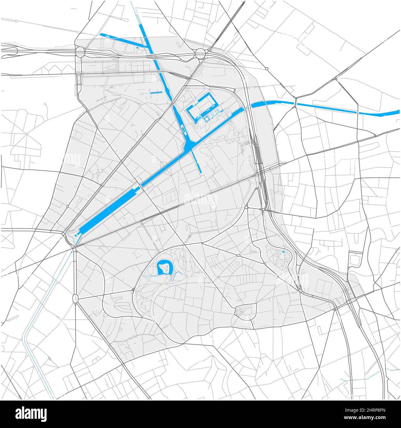 19th Arrondissement, Paris, FRANCE, high detail vector map with city boundaries and editable paths. White outlines for main roads. Many smaller paths. Stock Vector
