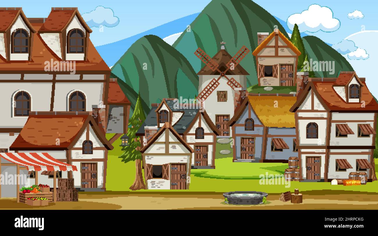 Medieval town scene with villagers illustration Stock Vector Image ...