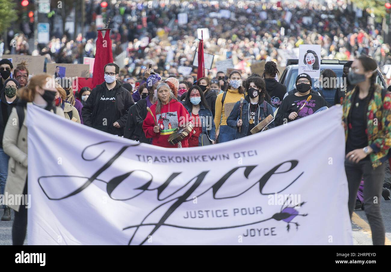 People take part in a protest called ‚ÄòJustice for Joyce‚Äô in Montreal, Saturday, October 3, 2020, where they demanded Justice for Joyce Echaquan and an end to all systemic racism. THE CANADIAN PRESS/Graham Hughes Stock Photo