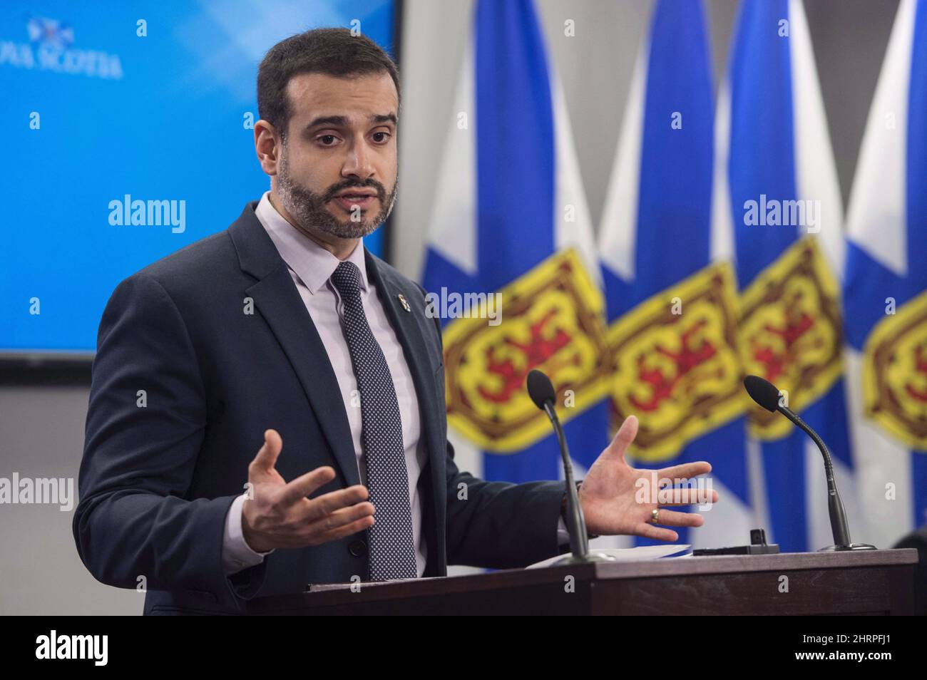 Nova Scotia Education Minister Zach Churchill speaks during a press conference in Halifax on Wednesday, January 24, 2018. A new study says Nova Scotia's early child care sector is being hindered by low pay for workers who feel 'unappreciated and underpaid,' and by the rollout of the province's pre-primary program. THE CANADIAN PRESS/Darren Calabrese Stock Photo