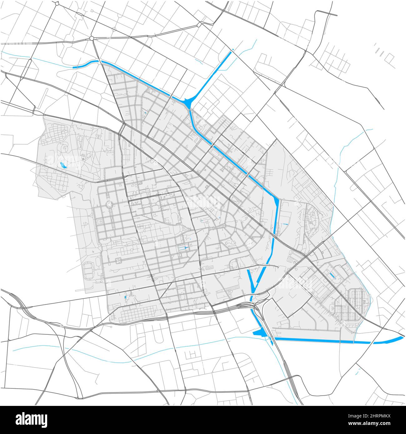 Neukölln, Berlin, DEUTSCHLAND, high detail vector map with city boundaries and editable paths. White outlines for main roads. Many smaller paths. Blue Stock Vector