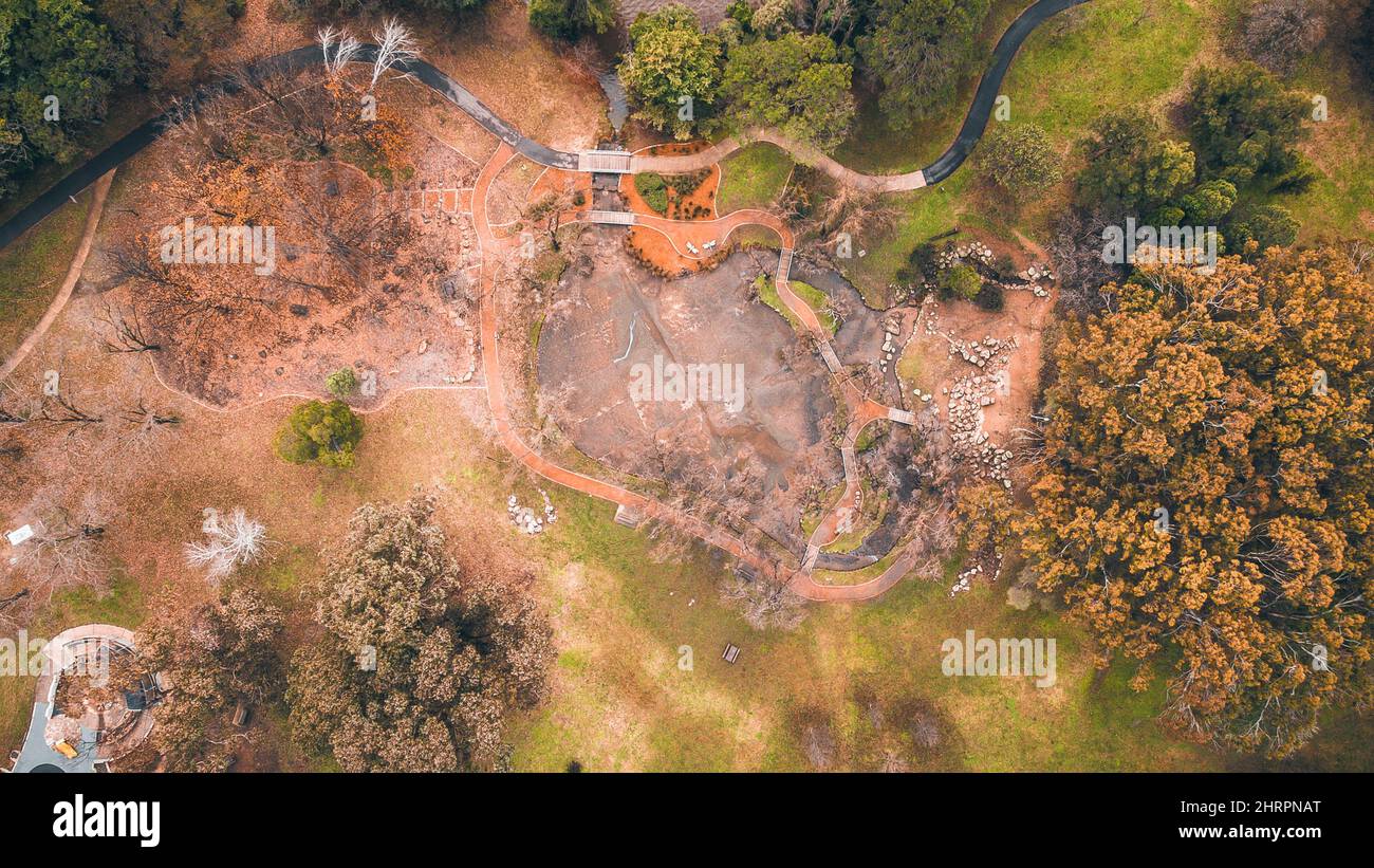 Aerial view of autumnal field and pond in a park Stock Photo - Alamy