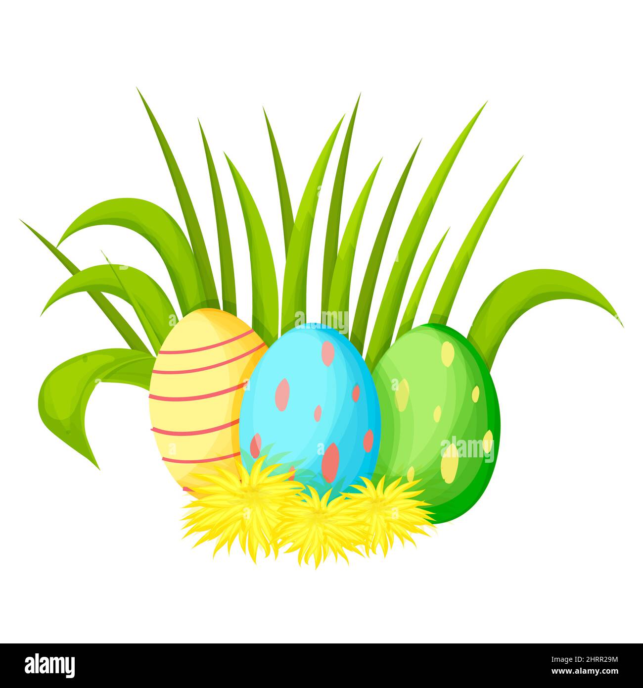 Easter eggs decorated with grass and dandelion flowers in cartoon style isolated on white background. Spring clip art, nestling. new life. Vector illustration Stock Vector