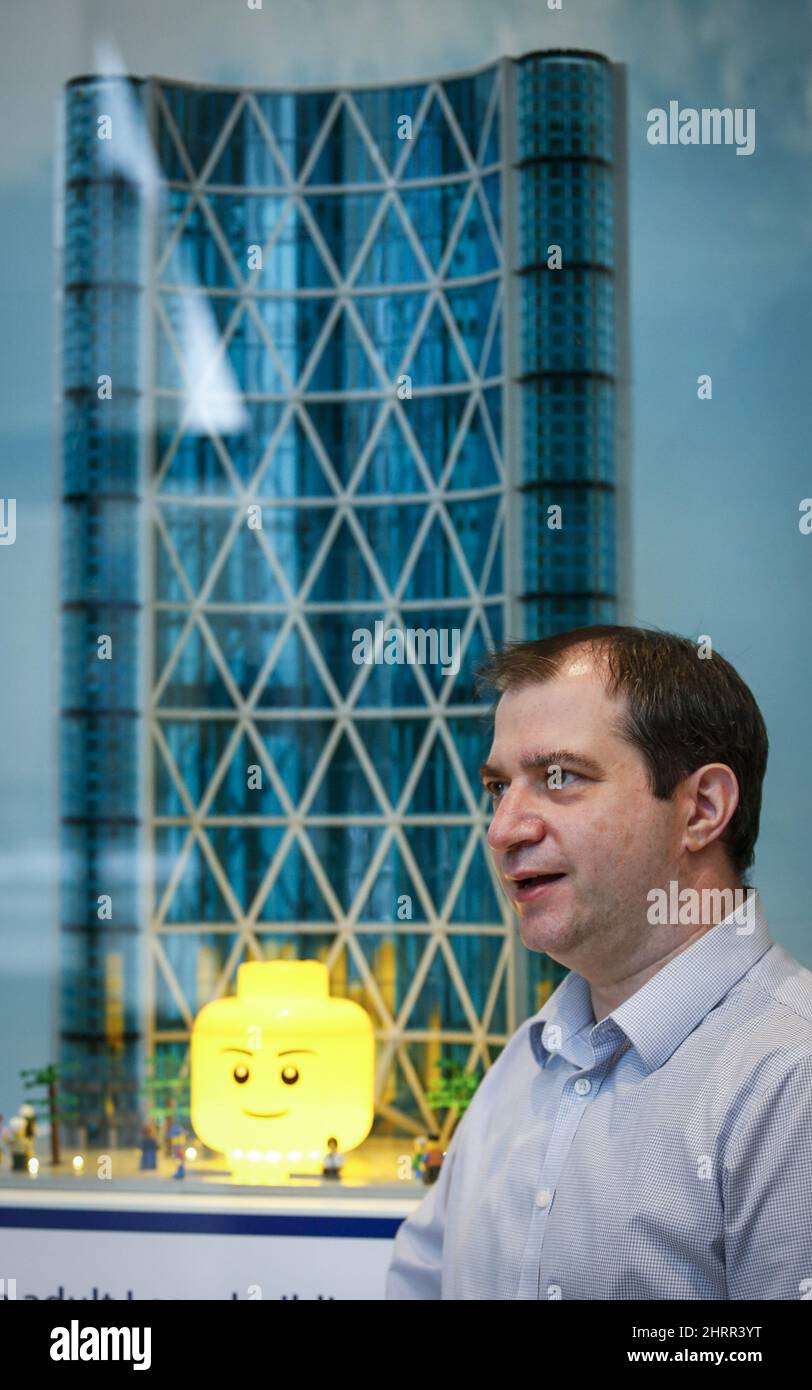 A Lego sculpture of The Bow building by artist Roy Nelson is