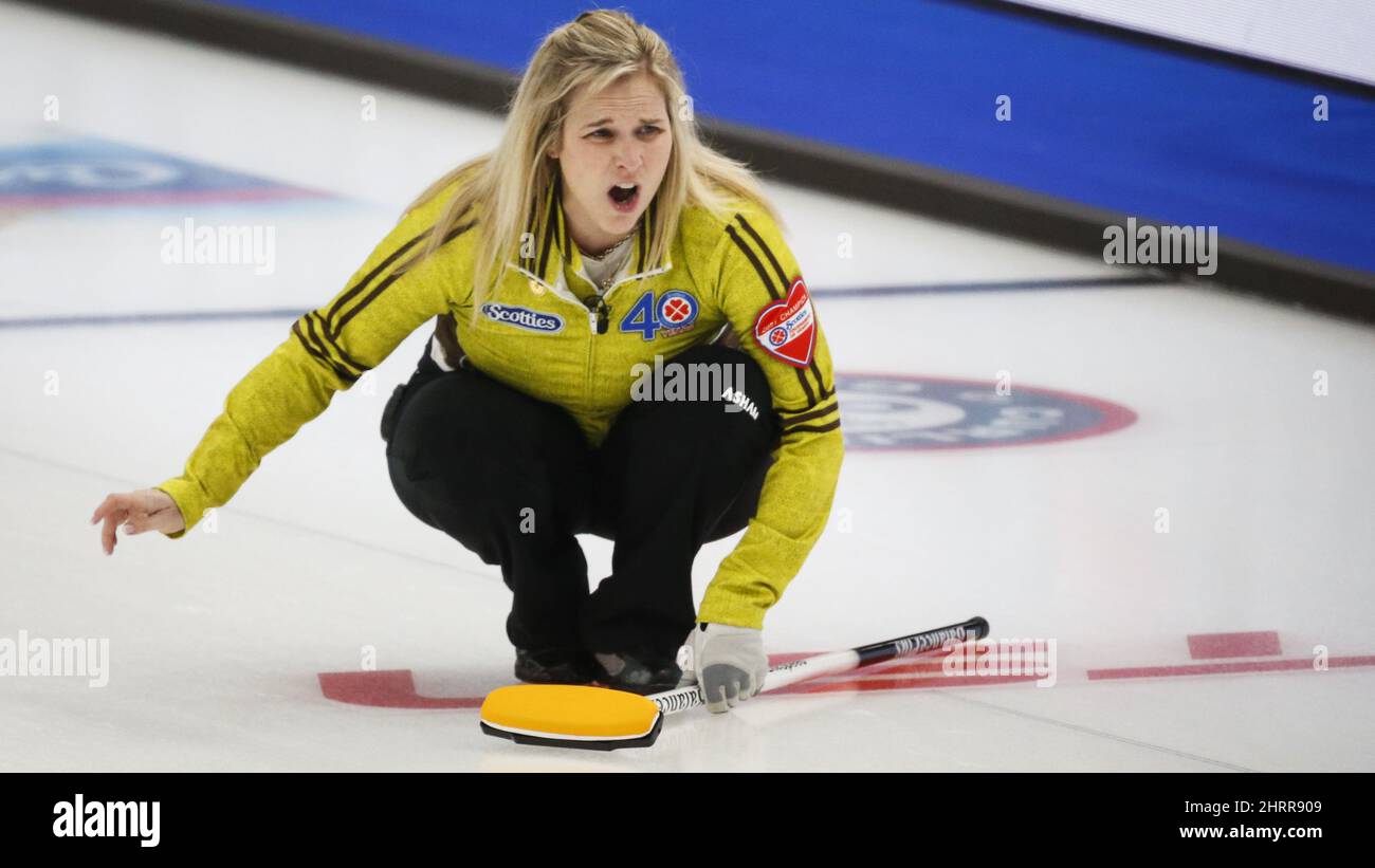 Team Manitoba skip Jennifer Jones reacts to her shot at the Scotties Tournament of Hearts in Calgary, Alta., Saturday, Feb