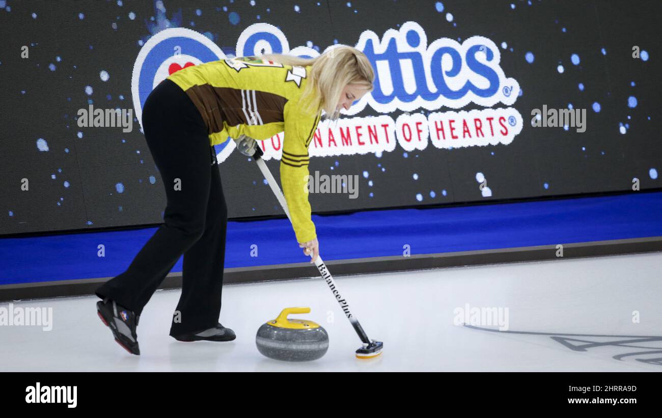 Team Manitoba skip Jennifer Jones sweeps a rock during warm-up at the Scotties Tournament of Hearts in Calgary, Alta., Saturday, Feb