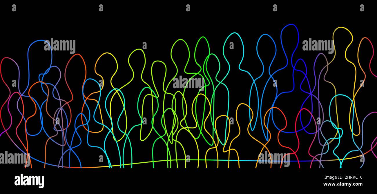 Creative Concept of people Connection and Communication. large Crowd of Colored Persons Line in black background. Connect people Abstract Stock Photo