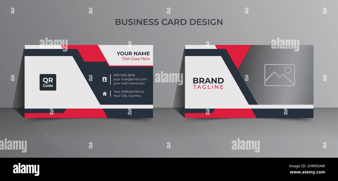 Modern and corporate business card print template design in red color Stock Vector