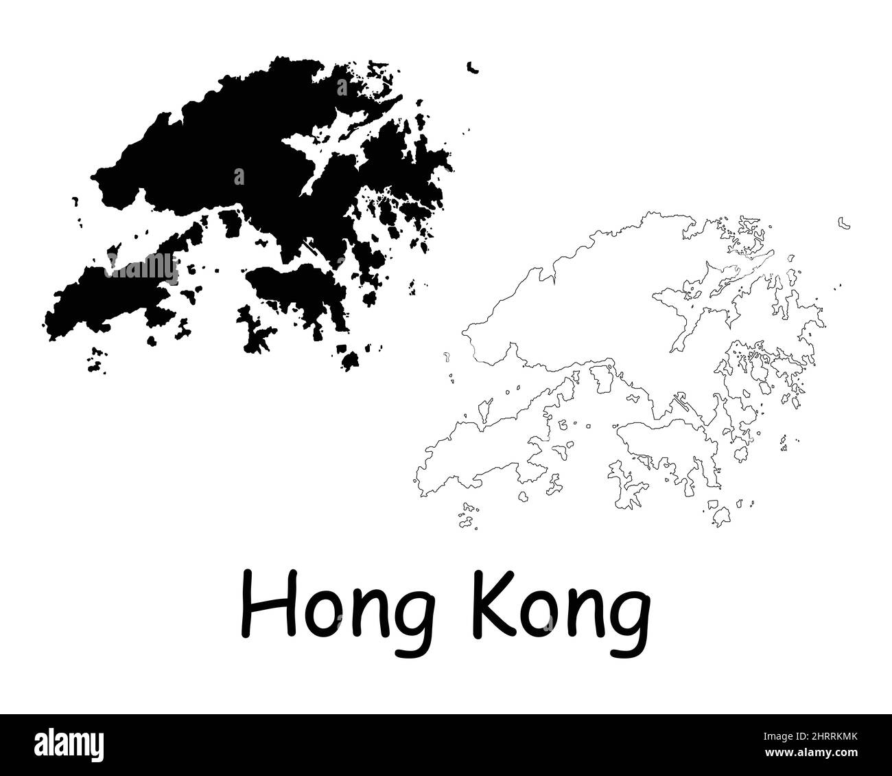 Hong Kong Map. HK HKSAR Black silhouette and outline map isolated on white background. Hong Kong Territory Border Boundary Line Icon Sign Symbol Clipa Stock Vector