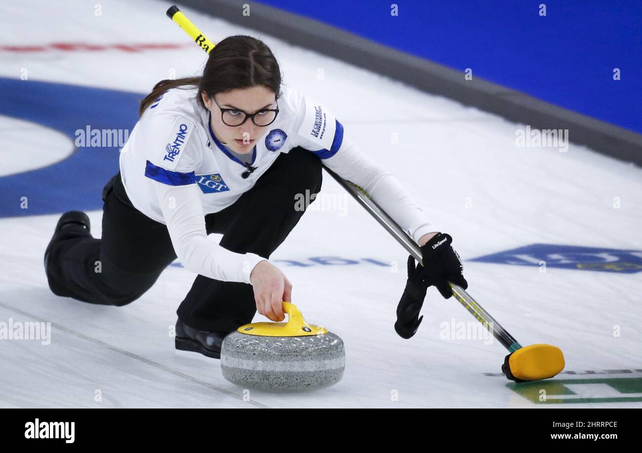 Italy skip Stefania Constantini makes a shot against Russia at the Women's World Curling