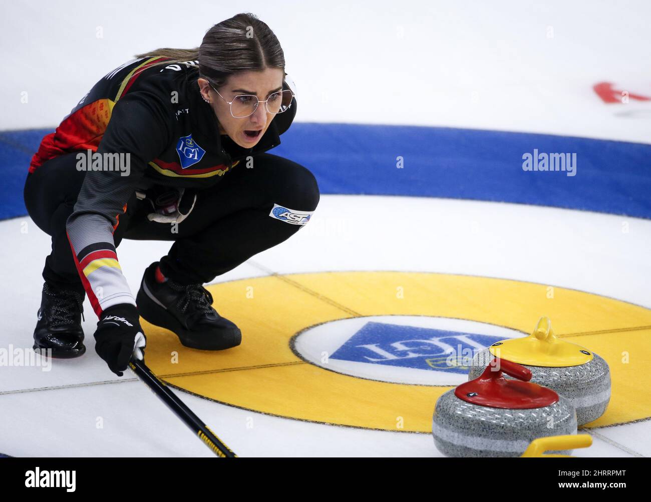 Germany skip Daniela Jentsch directs her teammates against Team Canada