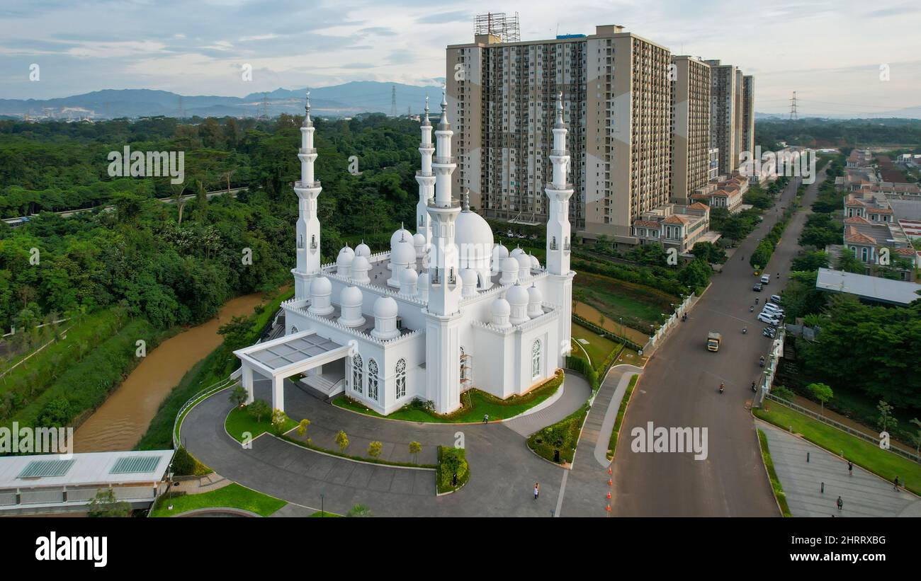 Aerial view of At-Thohir Mosque panorama view Largest Mosque in Depok Place to visit in Indonesia. Depok, Indonesia, February 26, 2022 Stock Photo