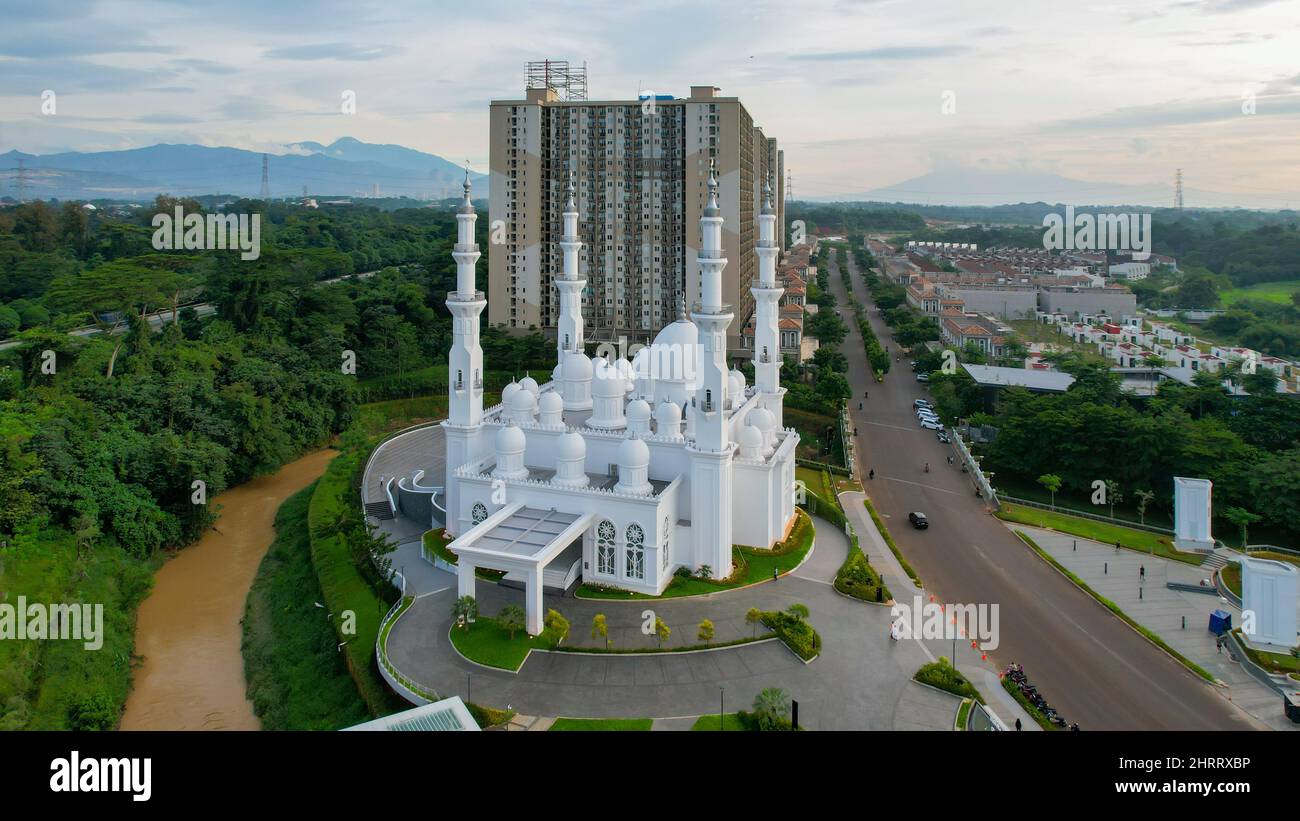 Aerial view of At-Thohir Mosque panorama view Largest Mosque in Depok Place to visit in Indonesia. Depok, Indonesia, February 26, 2022 Stock Photo