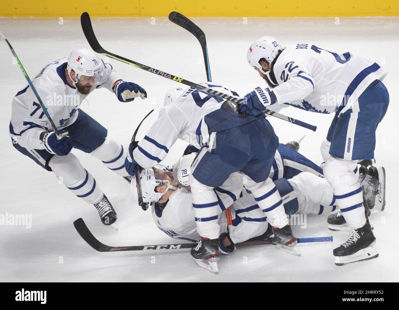 Toronto Maple Leafs’ TJ Brodie (78) celebrates with teammates after scoring against the 