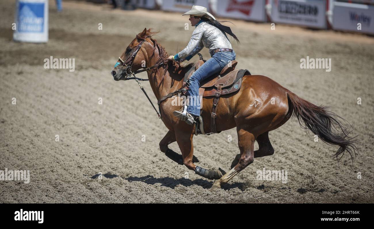 Val Gillespie, of Dutchess, Alta., competes in the barrel racing event
