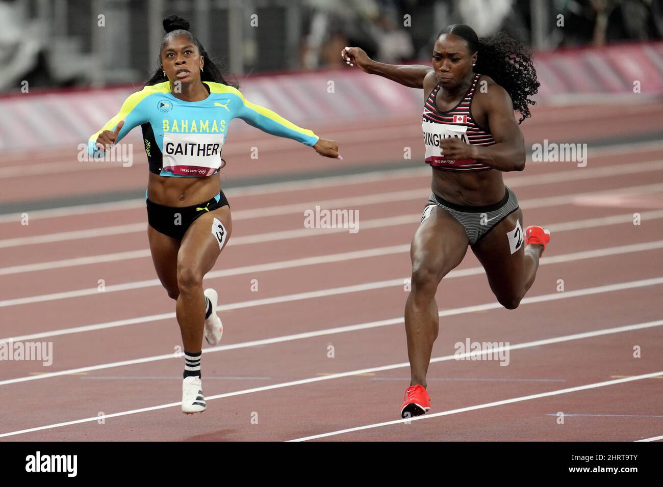 Canada's Khamica Bingham competes in the women's 100m semifinal event