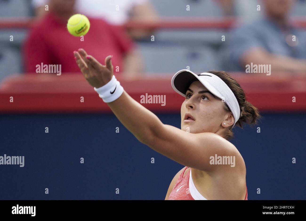 Bianca Andreescu, of Canada, prepares to serve to Harriet Dart, of the United Kingdom, during second round of play at the National Bank Open women's tennis action in Montreal, Tuesday, Aug. 10, 2021. THE CANADIAN PRESS/Paul Chiasson Stock Photo