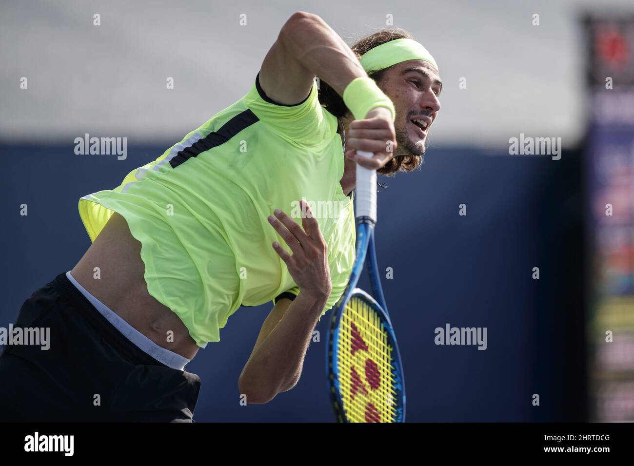 Lloyd Harris, of South Africa, serves to Reilly Opelka, of the United