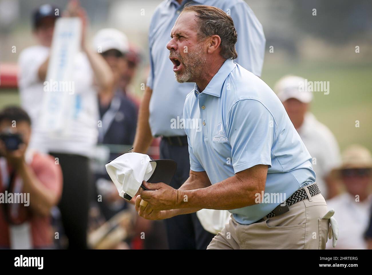 Doug Barron, right, of the United States, celebrates winning the PGA
