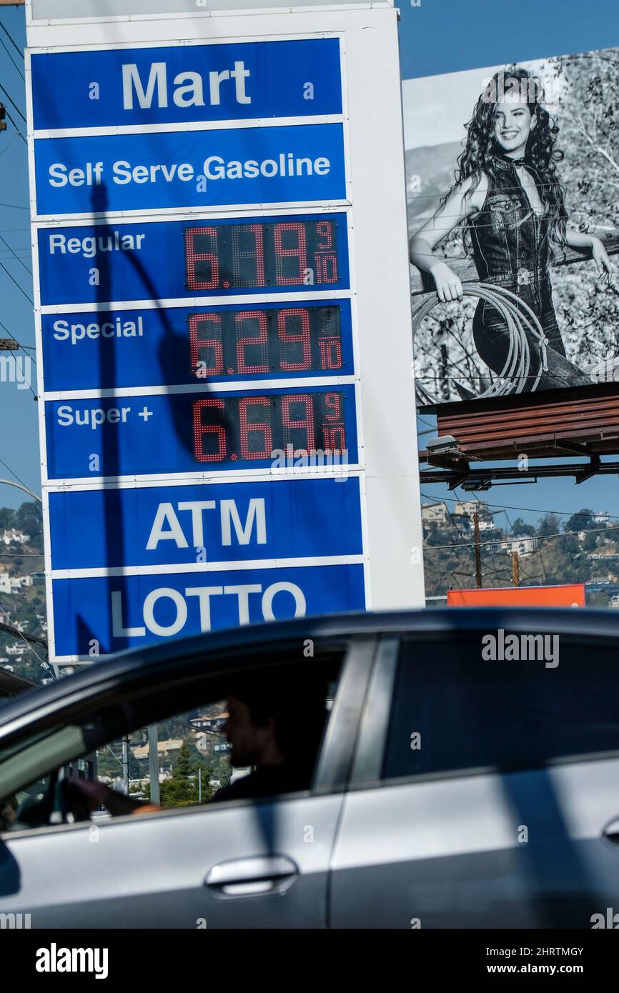 Los Angeles, California, USA. 25th Feb, 2022. Gasoline prices are displayed at a Mobil station in Los Angeles Friday, Feb. 25, 2022. The average price of a gallon of self-serve regular gasoline in Los Angeles County rose today to its 19th record in 22 days, increasing 2.6 cents to $4.848, matching its largest daily increase since Feb. 2 when it rose 2.8 cents. ''The escalation of tensions into all-out war has pushed up Brent crude prices above $100 a barrel and if that trend continues, we could see gas prices start going up more quickly, '' Doug Shupe, the Automobile Club of Southern Califor C Stock Photo