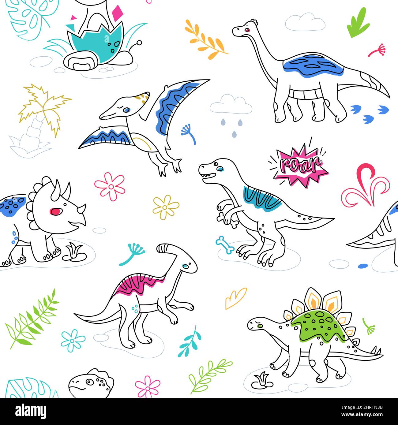 Dinosaur species - line design style colorful pattern on white background. Funny images of dinosaurs. Jurassic world and jungle. Explore animals and p Stock Vector
