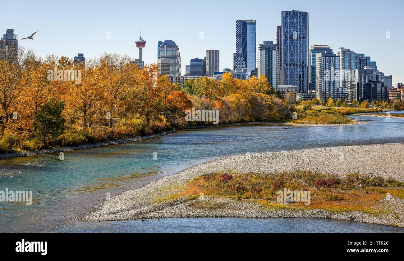 The Bow River flows through the downtown as warm fall weather continues in Calgary, Alta
