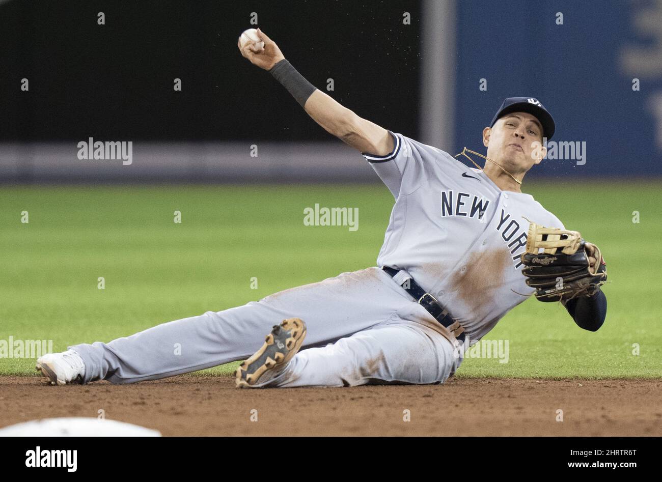 New York Yankees third baseman Gio Urshela (29) throws out Toronto Blue