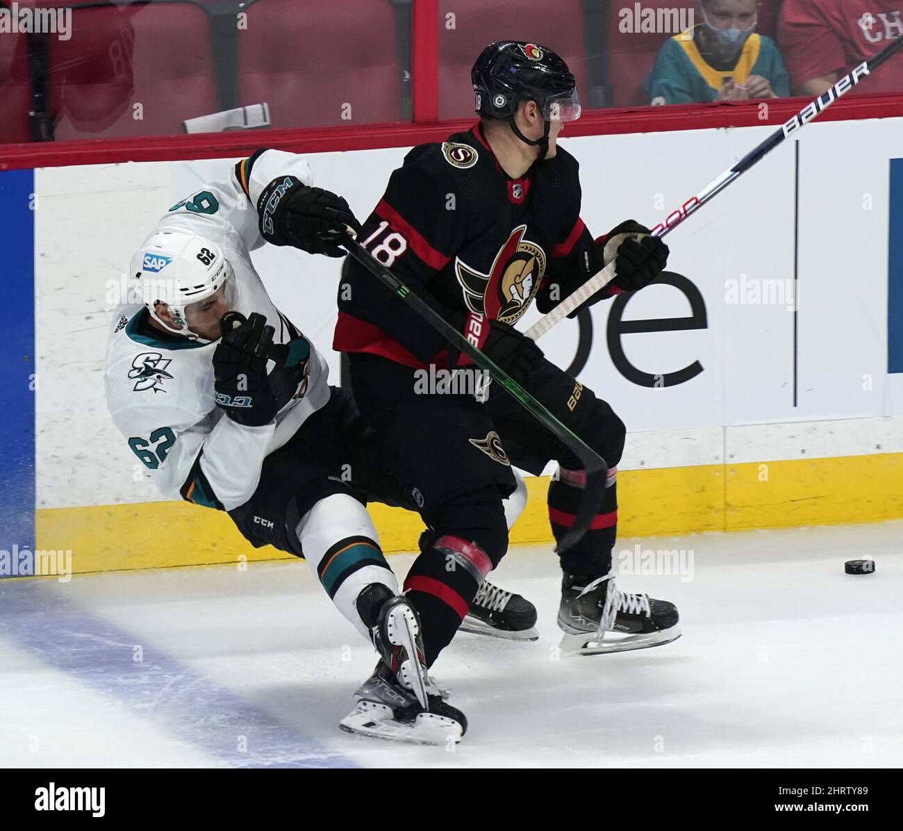San Jose Sharks right wing Kevin Labanc (62) against the Chicago Blackhawks  during an NHL hockey game in San Jose, Calif., Tuesday, Nov. 5, 2019. (AP  Photo/Jeff Chiu Stock Photo - Alamy
