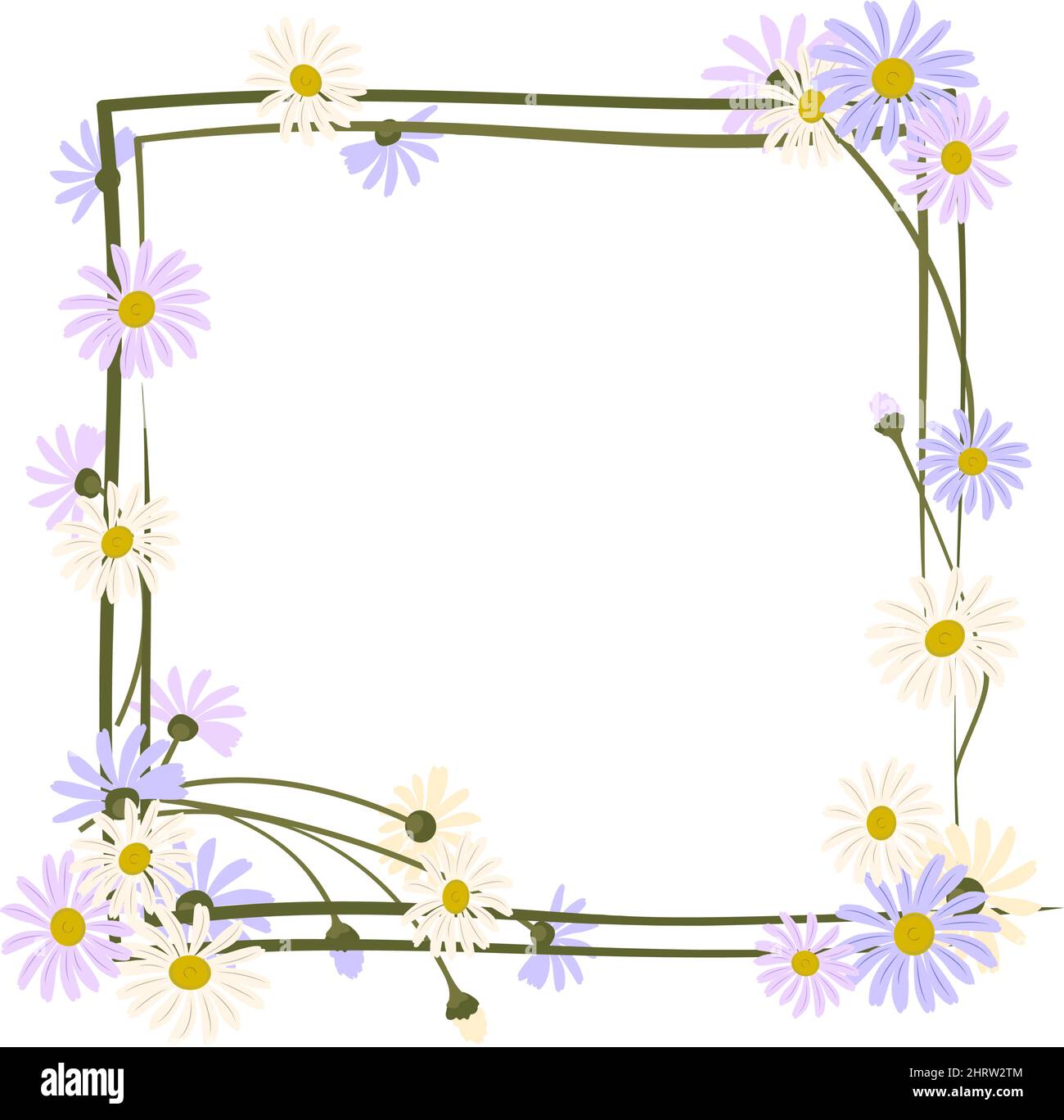 Daisy wreath. Square frame, cute purple and white flowers chamomile with yellow hearts. Holiday decorations for wedding, holiday, postcard, poster and design. Vector illustration Stock Vector