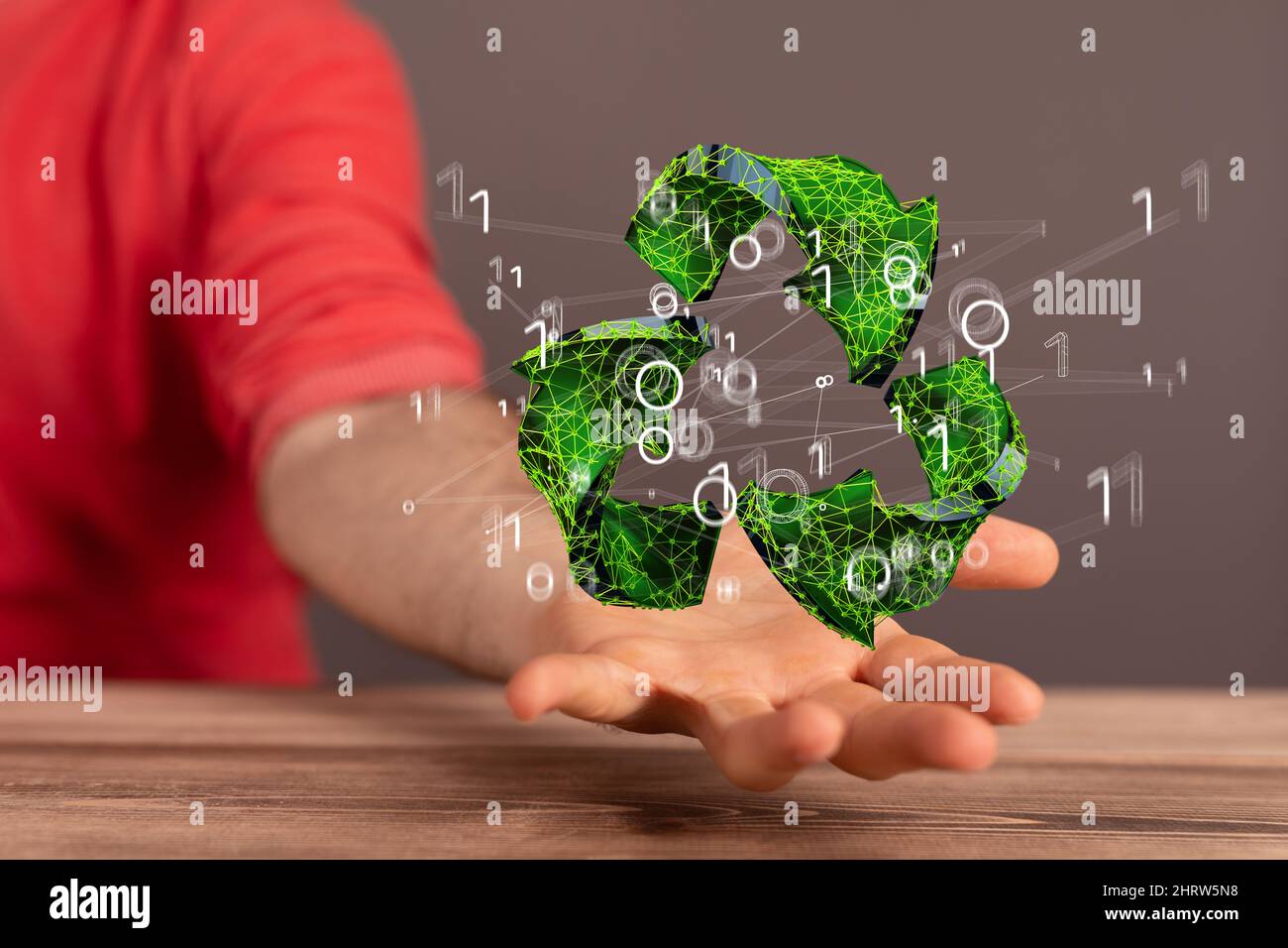 Illustration of a hand holding planet earth recycle sign Stock Photo
