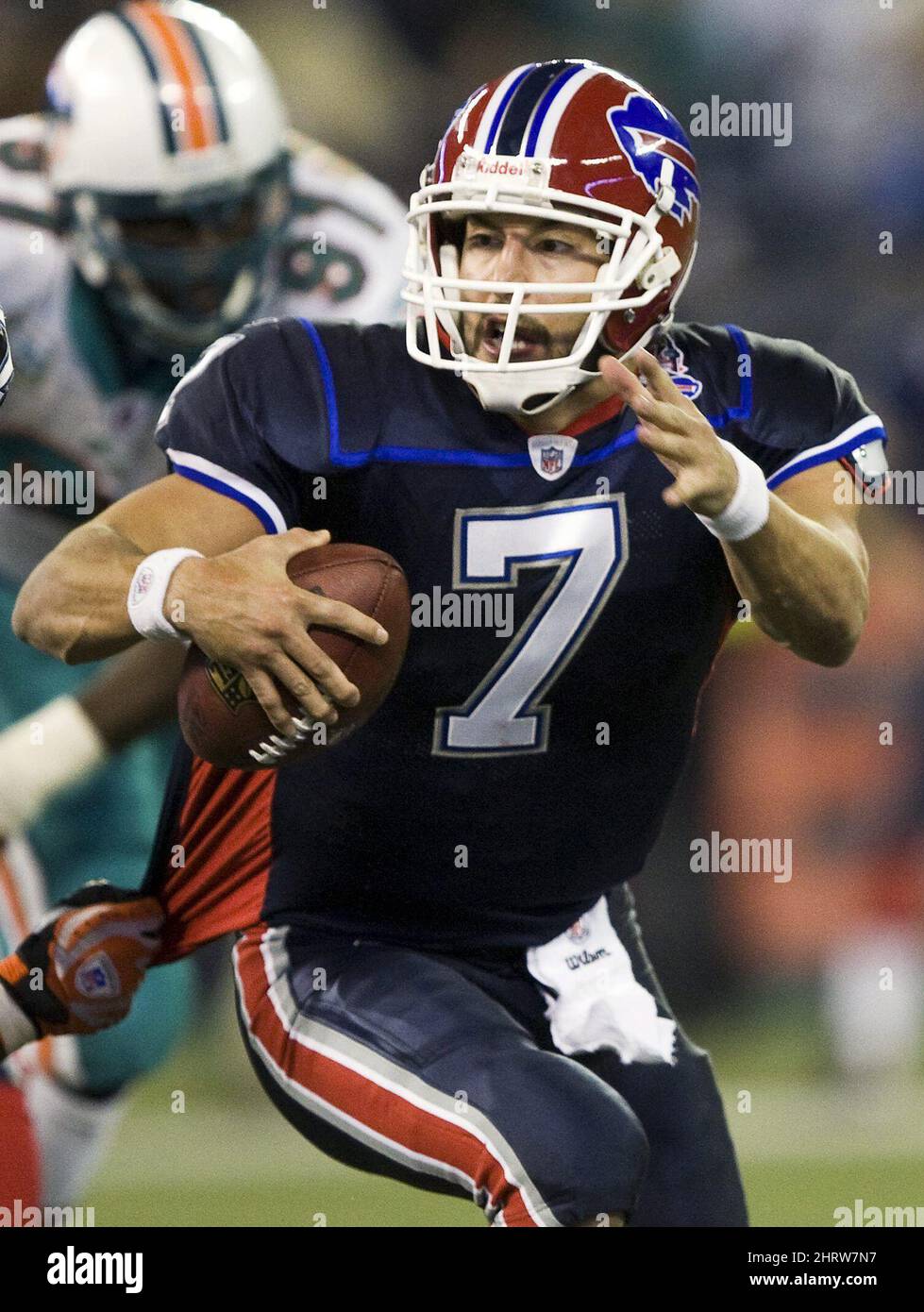 7 December 2008: Miami Dolphins' quarterback Chad Pennington takes a  breather on the bench in the first quarter against the Buffalo Bills in the  first regular season NFL game ever to be