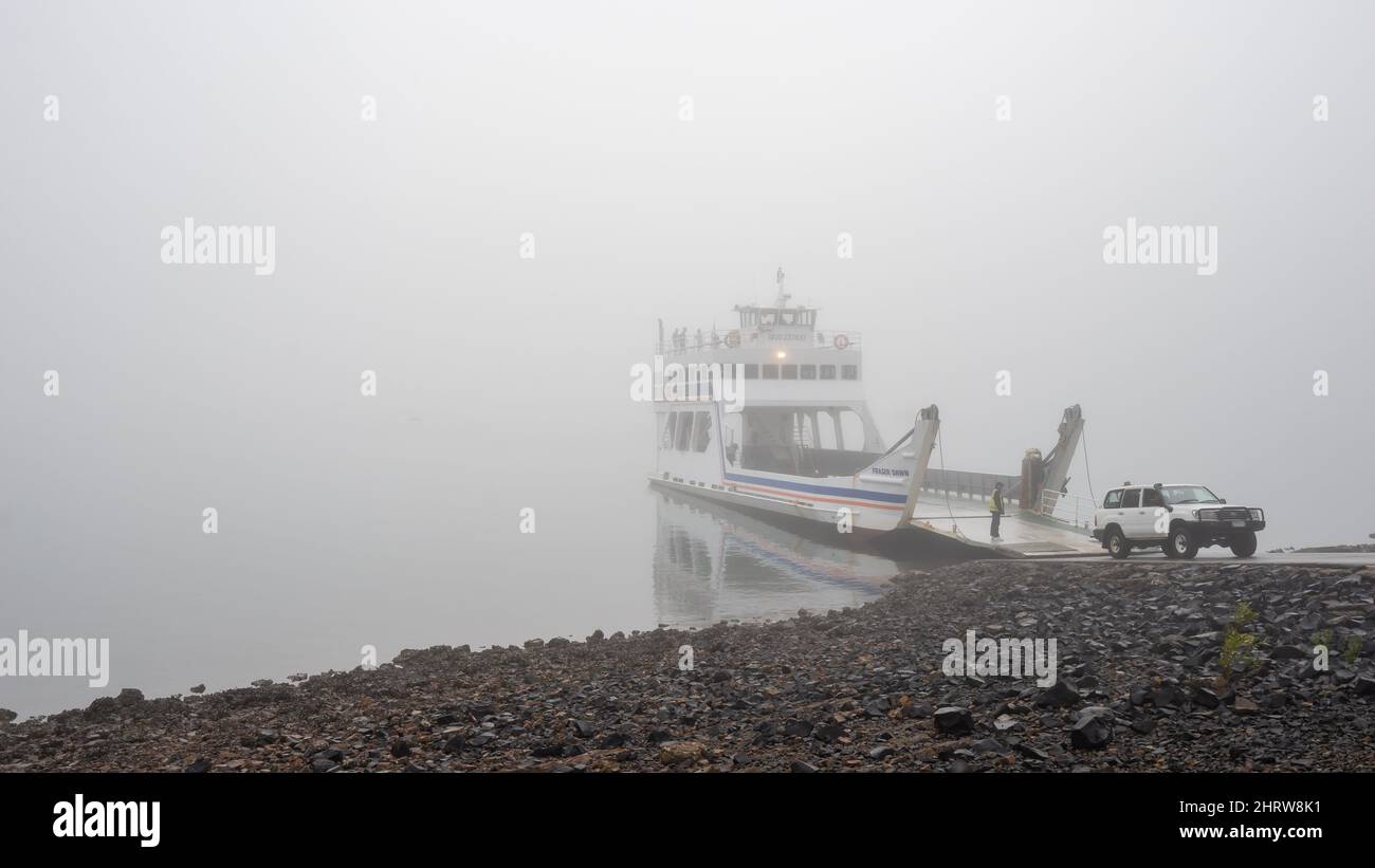 Fraser Island, QLD, Australia - Disembarking from a ferry in a heavy fog Stock Photo